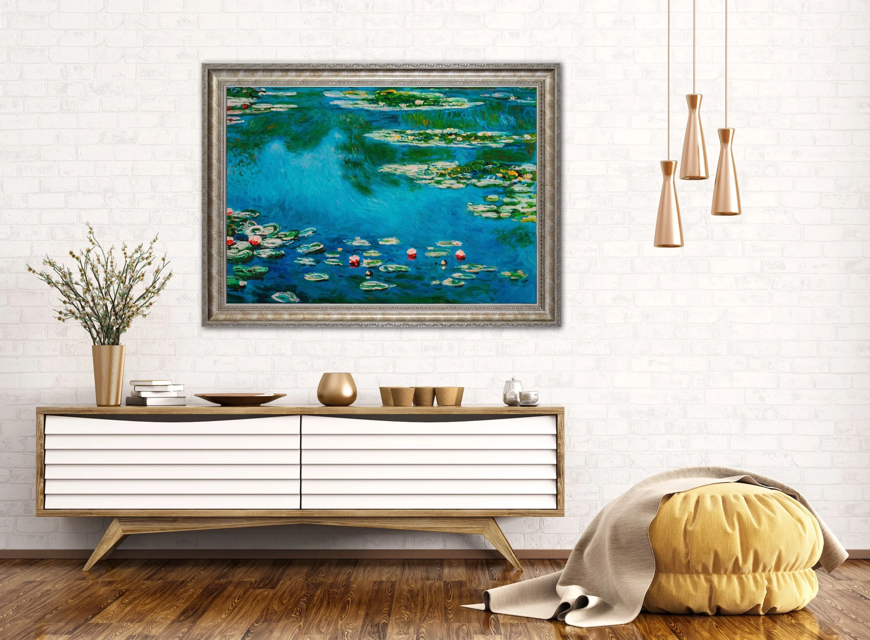 Water Lillies - Painted by Claude Monet - Circa. 1899. Premium Gold & Silver Patinated Frame. Ready to Hang! Stunning Designer Statement! Available in 3 Sizes - Small - Medium & Large.