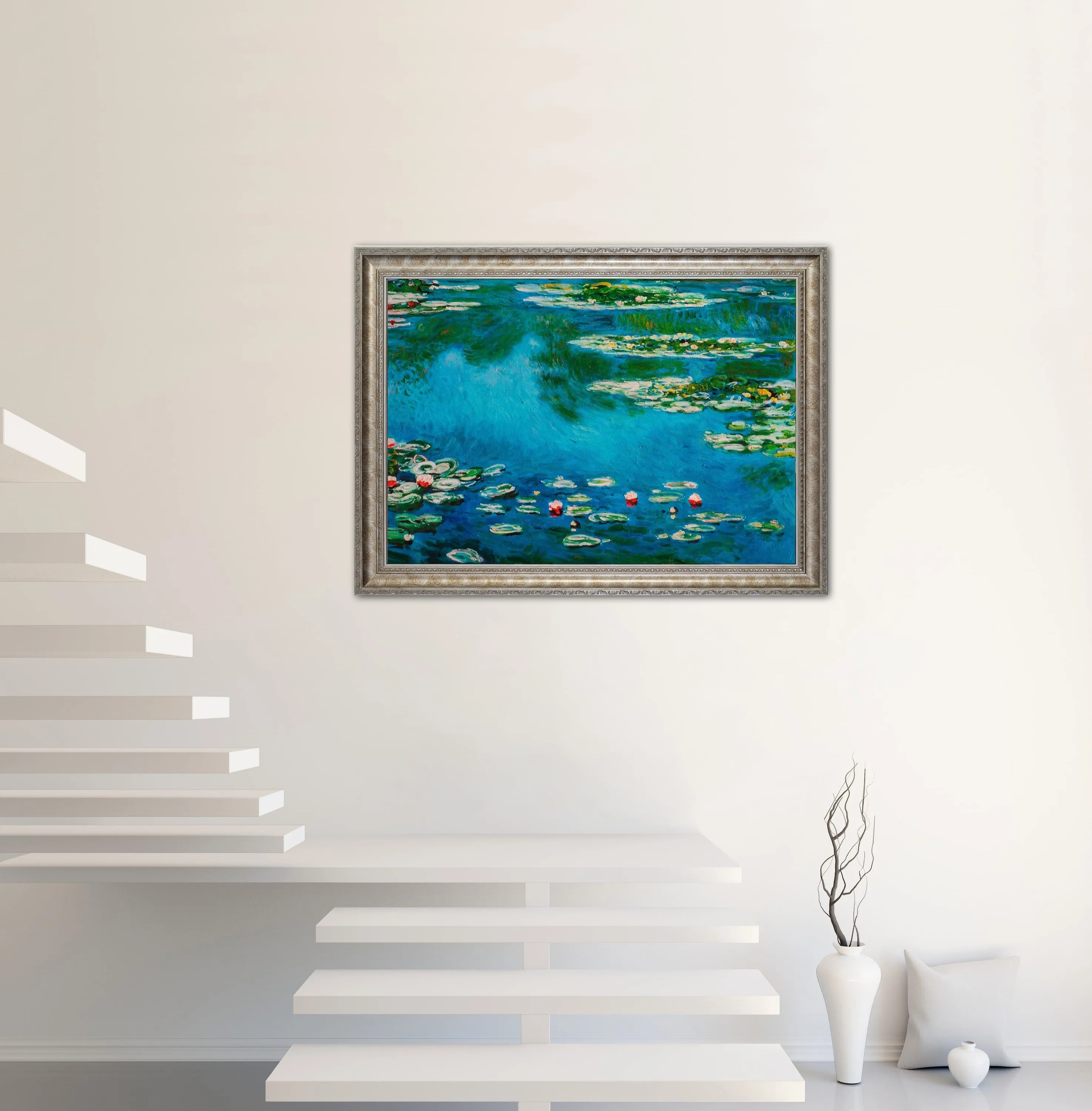 Water Lillies - Painted by Claude Monet - Circa. 1899. Premium Gold & Silver Patinated Frame. Ready to Hang! Stunning Designer Statement! Available in 3 Sizes - Small - Medium & Large.