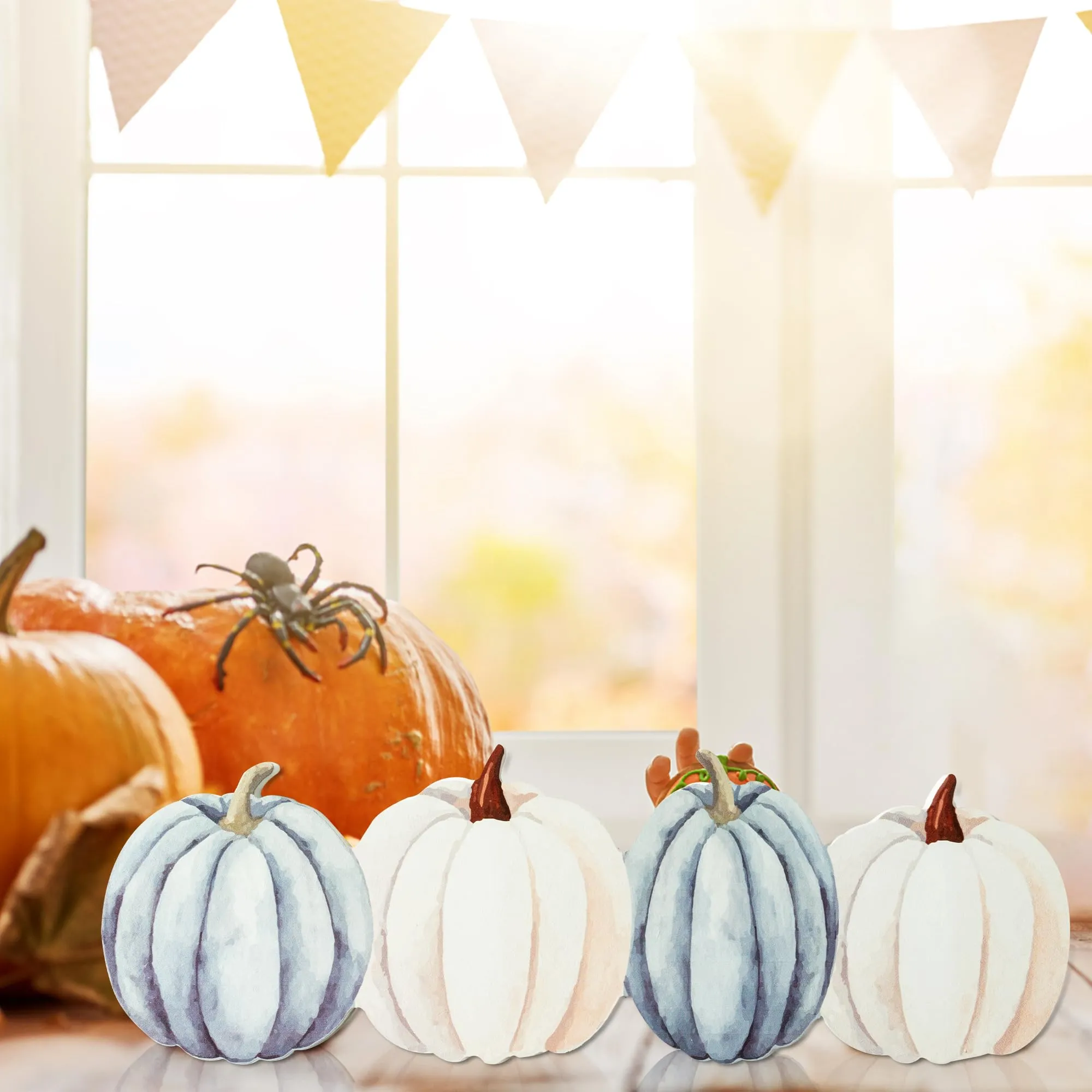 WATINC Fall Pumpkin Wood Centerpiece Table Decor, Autumn Thanksgiving Tiered Tray Decorations, Halloween Pumpkin Block Set, Rustic Party Wooden Sign Tabletop Décor for Home Kitchen (Double Printed)