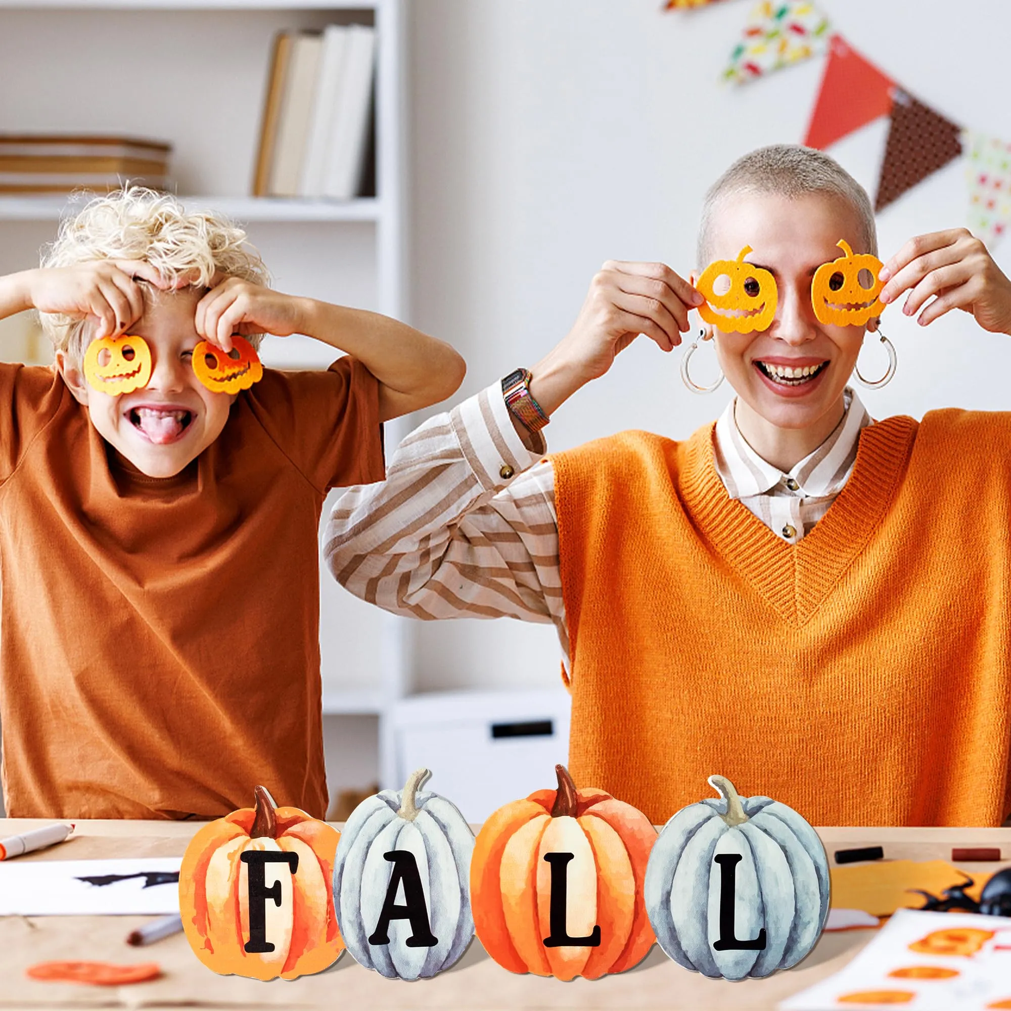 WATINC Fall Pumpkin Wood Centerpiece Table Decor, Autumn Thanksgiving Tiered Tray Decorations, Halloween Pumpkin Block Set, Rustic Party Wooden Sign Tabletop Décor for Home Kitchen (Double Printed)