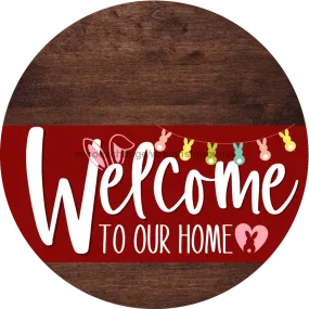 Welcome To Our Home Sign, Easter Sign, Dark Red Stripe, Wood Grain, DECOE-3465-DH, 18 Wood Round