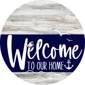 Welcome To Our Home Sign, Nautical Sign, Navy Stripe, White Wash, DECOE-3106-DH, 18 Wood Round