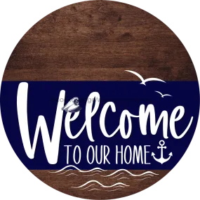 Welcome To Our Home Sign, Nautical Sign, Navy Stripe, Wood Grain, DECOE-3100-DH, 18 Wood Round